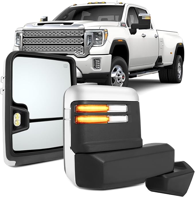 OCPTY Power Heated Towing Mirror Fit For Silverado 2500 HD 2019-2022 For Silverado 3500 HD 2019-2022 Power Heated Turn Signal Width Puddle Running Back-up Light Temp Sensor Chrome Driver & Passenger