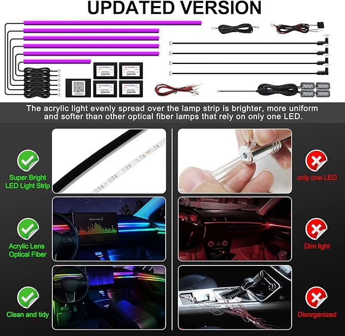 Acrylic Interior Car LED Strip Light with Wireless APP, RGB 14 in 1 with 175 inches 593 LEDs Fiber Optic Ambient Lighting Kits, 16 Million Colors Sound Active Function Car Neon Lights