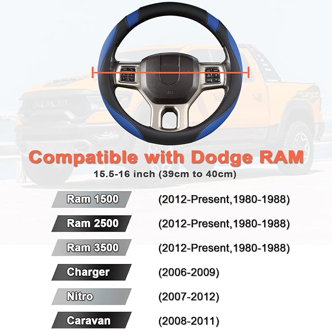 West Llama Customized Auto Car Steering Wheel Cover for Dodge RAM 1500 2500 3500, 15.5-16 inch (Black+Blue-Large Size)