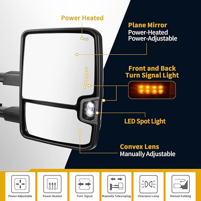 DWVO Telescoping Towing Mirrors for Chevy Silverado GMC Sierra 2007-2014, 2500HD 3500HD Tahoe Suburban Avalanche Yukon XL Denali, Power Heated Folding Mirrors with Turn Signal & Spot Light