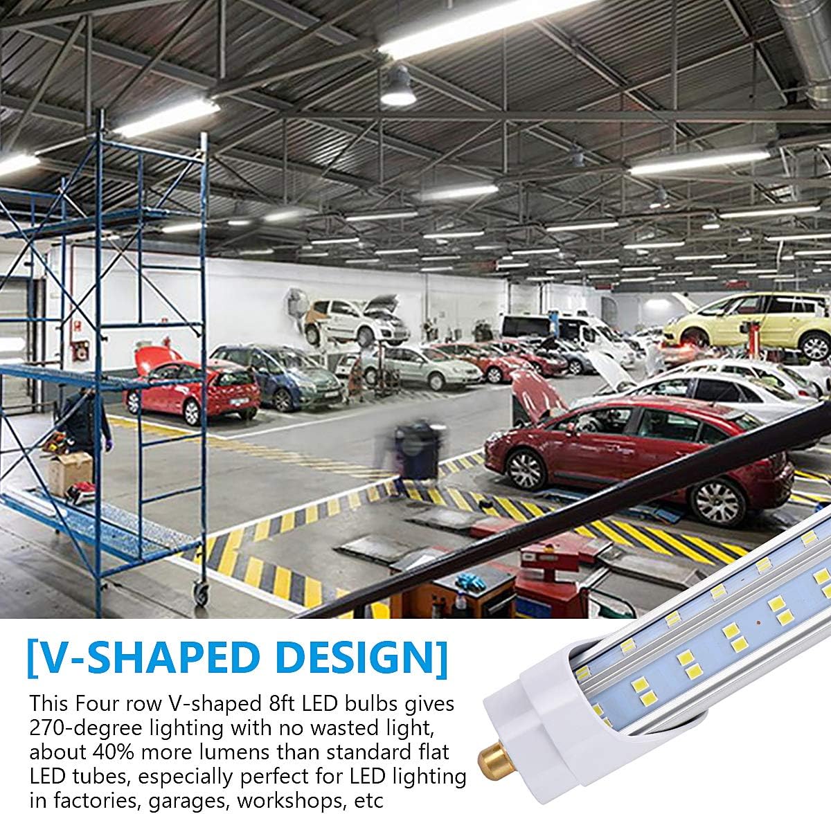 T8 T10 T12 8FT LED Light Bulbs, Single Pin Fa8 Base, 8 Foot LED Fluorescent Tube Replacement, 150W 19000LM, 6000K Super Bright, V Shape, Ballast Bypass, Garage Shop Lights