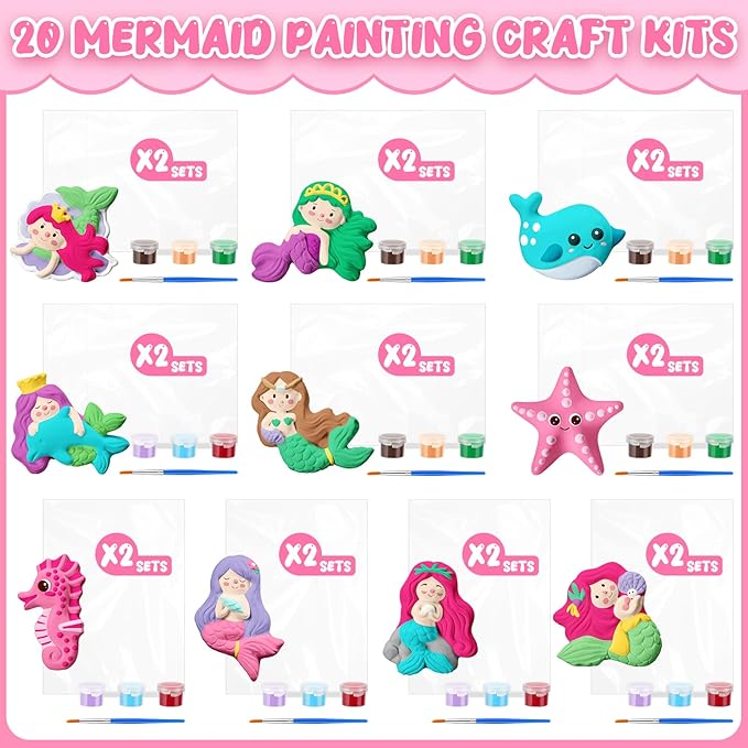 Simgoing 20 Set Dinosaur Unicorn Mermaid Donut Jungle Animal DIY Painting Kit Pumpkin Snowman Ceramic Paint Your Own Figurines Unpainted Plaster Craft for Party Favor(Mermaid)