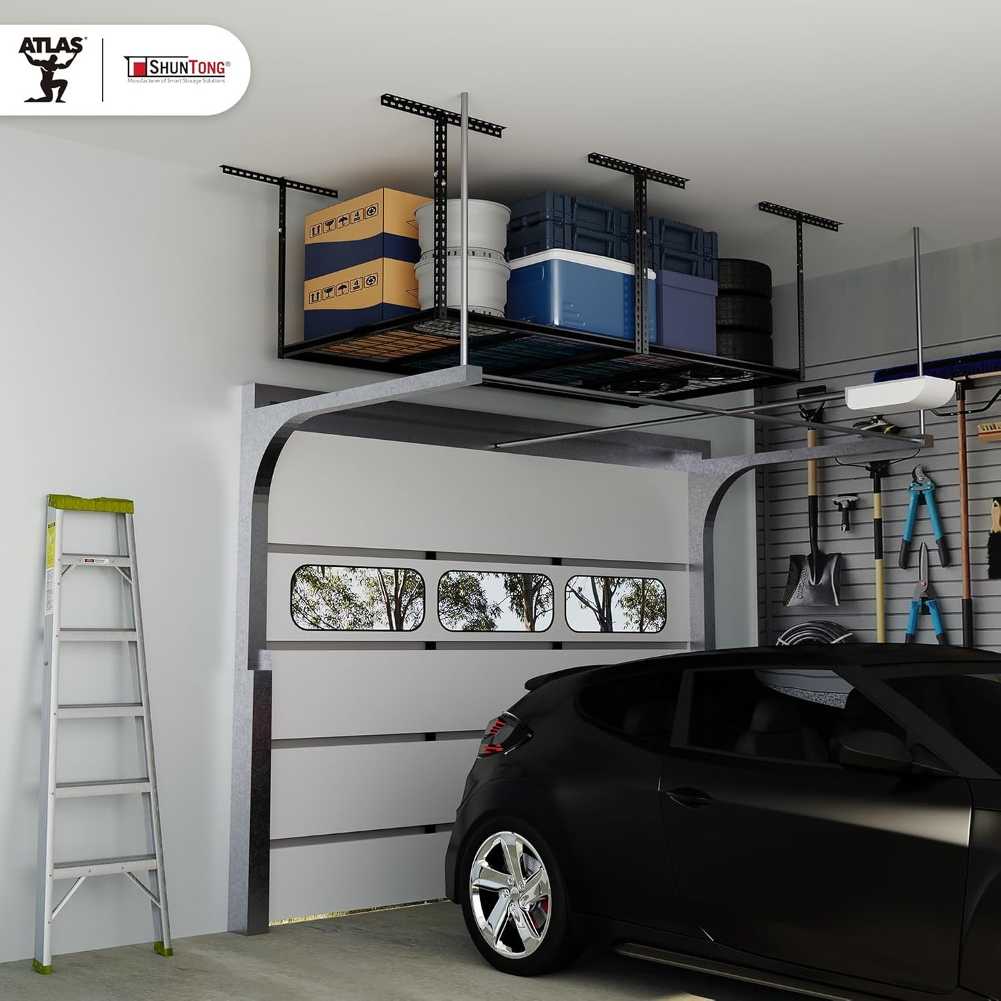 The Atlas Pro 4 x 8 ft Overhead Garage Storage Rack, Ultra Duty 1250lbs Weight Capacity, Adjustable Height 26"-48", Hammertone