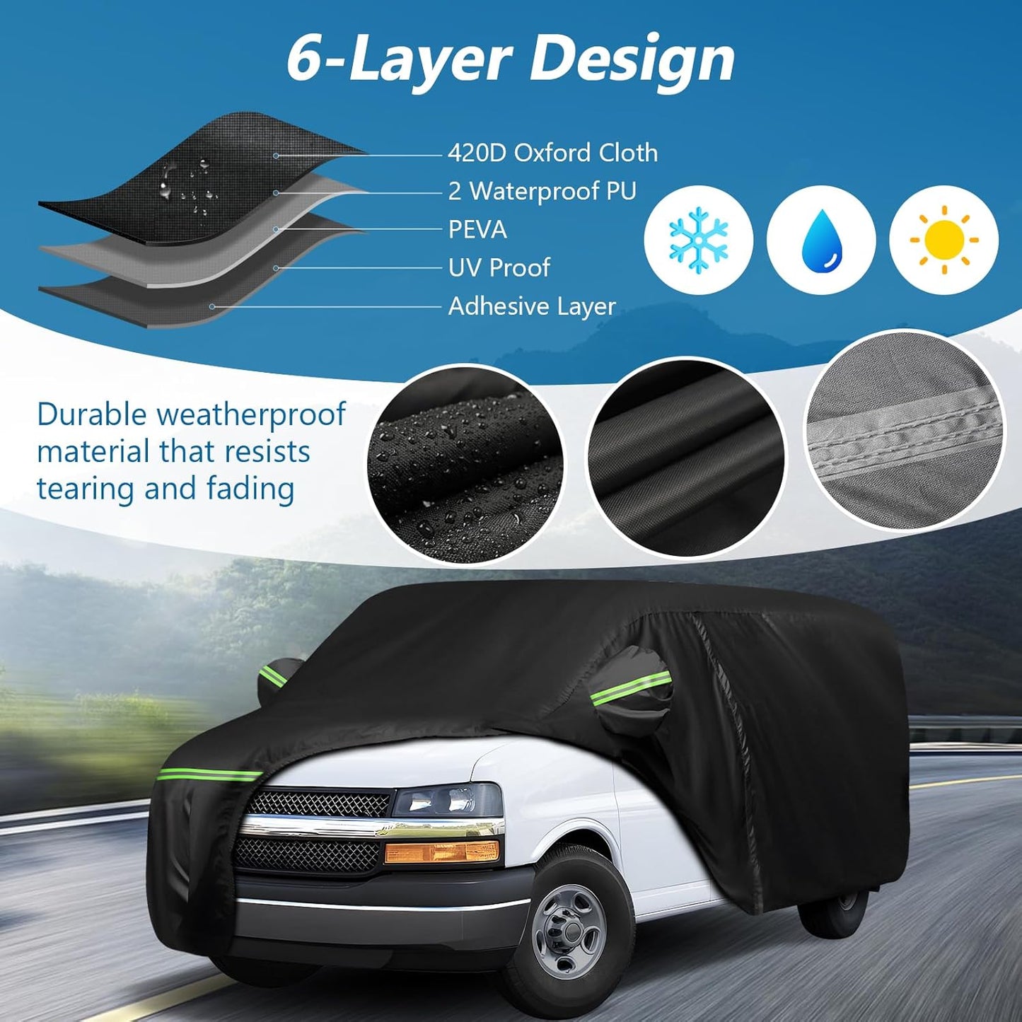Car Cover for Express Van/GMC Savana Cargo Van 1500/2500/3500 1996-2025 (SWB), 420D Sun Heat Protection Outdoor Full Car Covers with Driver Side Zipper Windproof Heavy Duty Protection