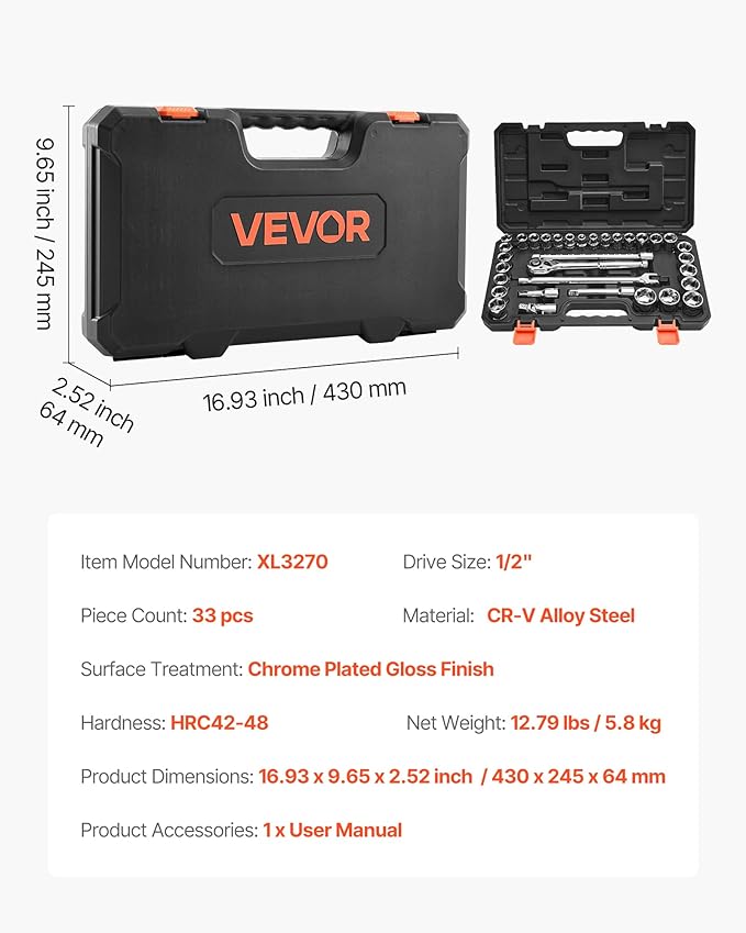 VEVOR Socket Set, 33 Pieces, 1/2 inch Drive Socket and Ratchet Set, SAE and Metric, Mechanic Tool Kit with Ratchet Wrench, Extension Bar and Storage Case, CR-V Alloy Steel, for Automotive Repair