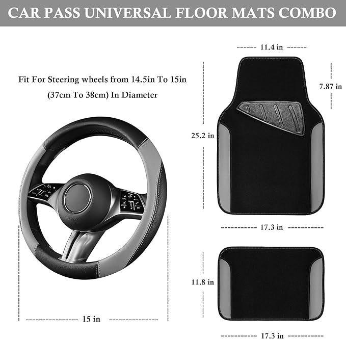 CAR PASS Faux Leather Steering Wheel Cover and Waterproof Car Floor Mats,Universal Car Combo Fit for 95% Sedan,SUV,Cars,14.5-15inch Sporty Anti-Slip Safety Comfortable Design(Black＆Gray)