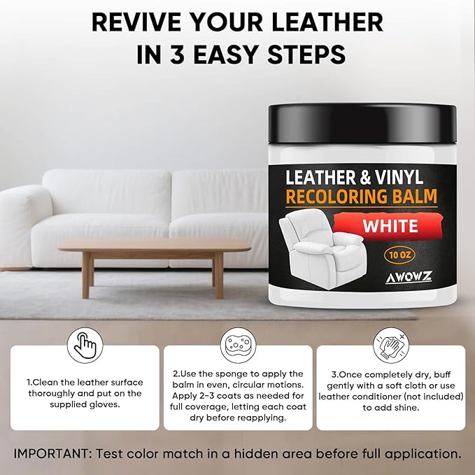 Leather Recoloring Balm - Scratch Repair & Color Restore Kit for Faded Leather, Leather Couch & Car Seats - 10OZ Leather Restorer Balm for Furniture, Auto Interior, Vinyl, Accessories (White)