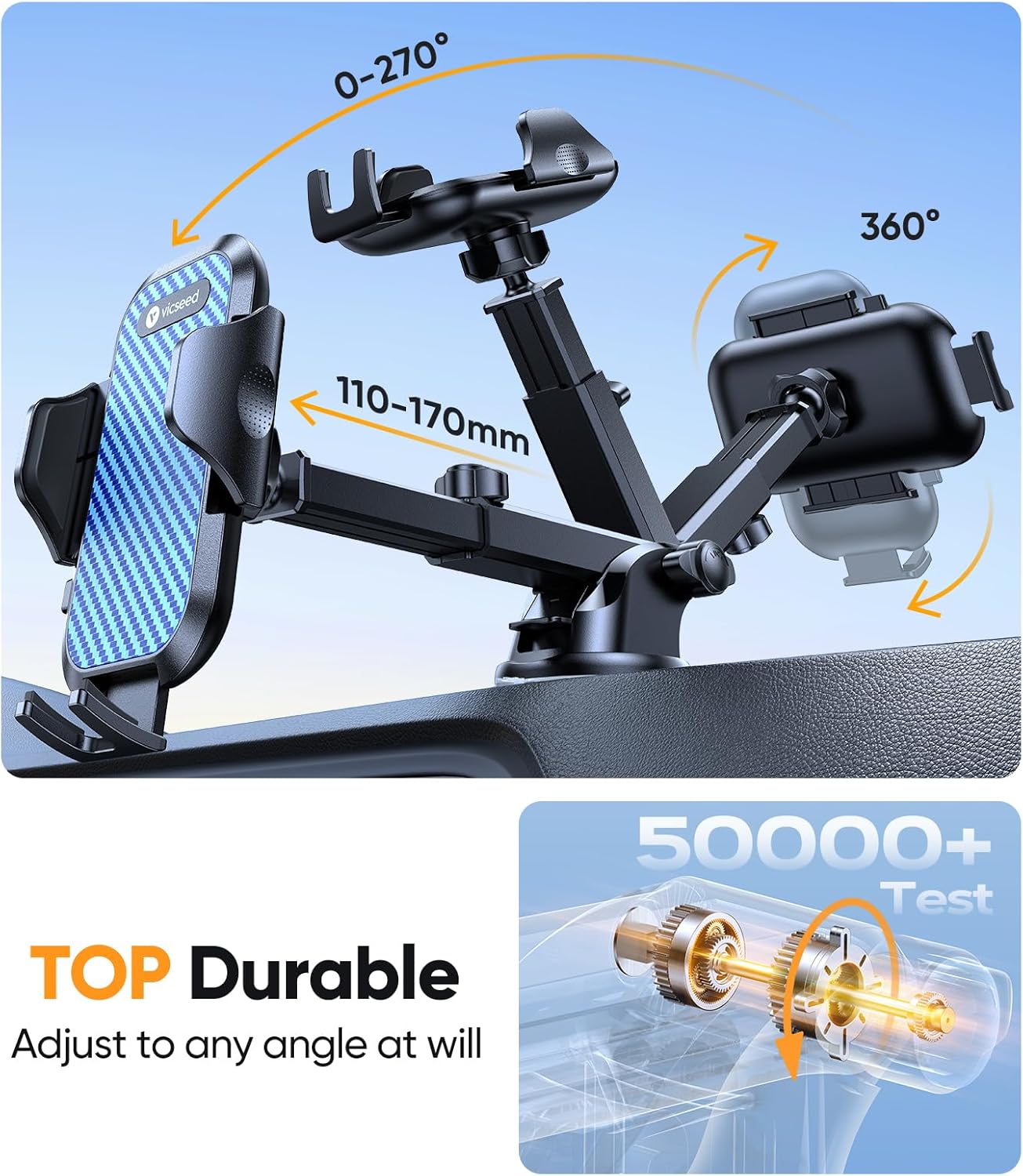 VICSEED Blue Phone Holders for Your Car [Upgraded True Military-Grade Strongest Suction] Cell Phone Mount for Car Dashboard Windshield Vent Truck Boat Stand Adjustable for iPhone Android Smartphones