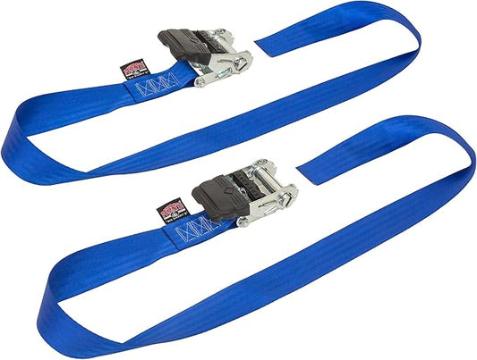 PowerTye - Endless Ratchet Strap - 2 inch x 4ft Easy Grip Tie Down Strap (Hookless), 800 lb. W.L.L. / 2,400 Lb Break Strength, Ideal for Motorcycle, ATV, Truck & Cargo, Blue 2-Pack
