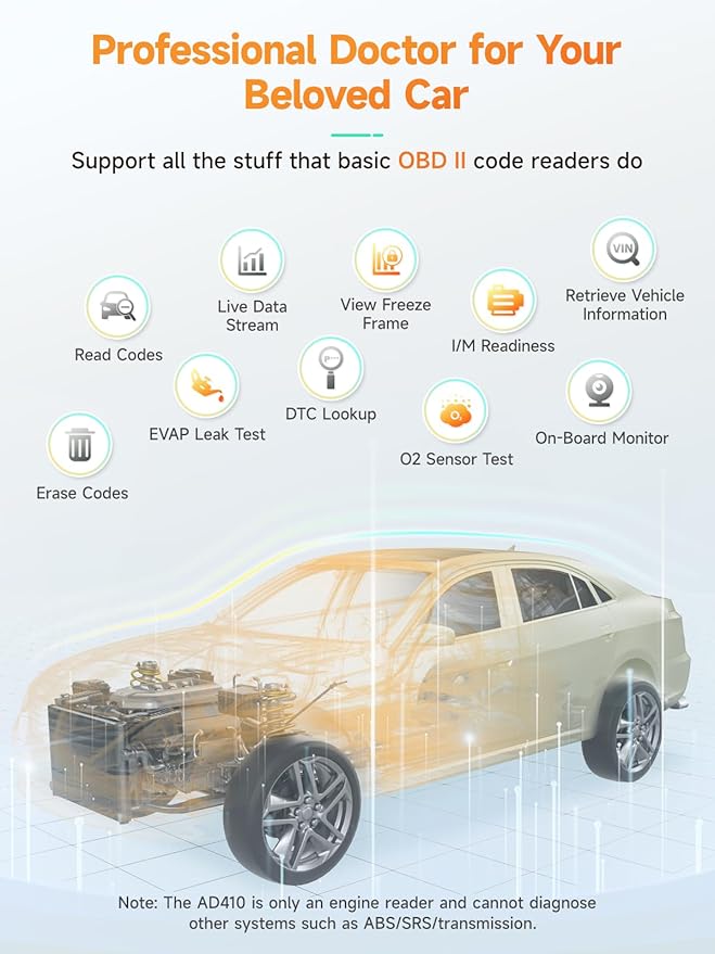 ANCEL AD410 Enhanced OBD2 Scanner, Vehicle Code Reader for Check Engine Light, Automotive OBD II Scanner Fault Diagnosis, OBDII Scan Tool for All OBDII Cars 1996+, Black/Yellow