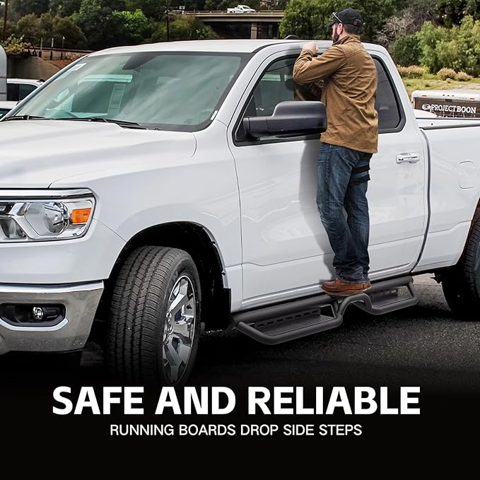 Quad Cab Running Board Side Steps Compatible with 2019-2025 Dodge Ram 1500 New Body Double/Extended Cab, Bolt-on Nerf Bar, Heavy-Duty Steel Two Stairs Design (Black, Star Logo)