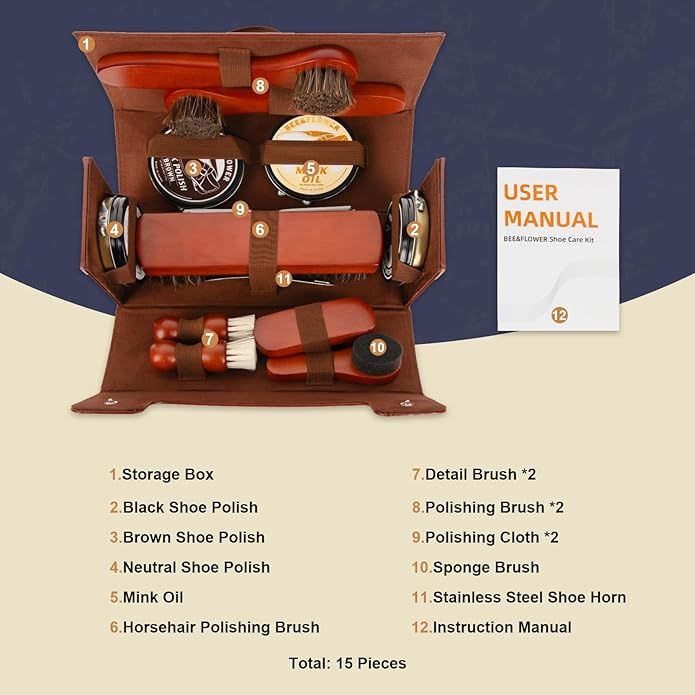 Shoe Polish Kit - Shoe Shine Kit | Leather Care Set with Horsehair Brush & Wooden Applicator | Portable Travel Case Included