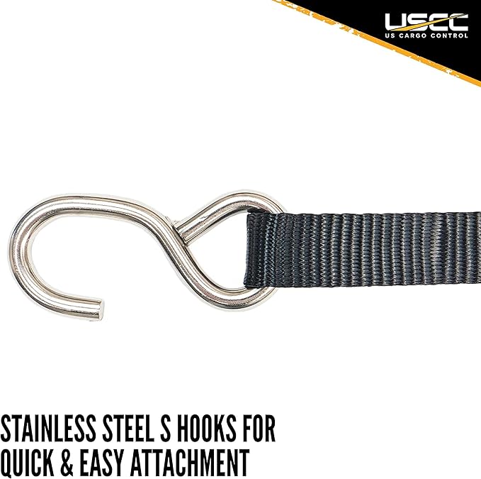 US Cargo Control Stainless Steel Ratchet Strap Tie Down, 1 Inch Wide X 10 Foot Long, Black Tie Down, Stainless Steel Thumb Ratchet, S Hooks, 4 Pack