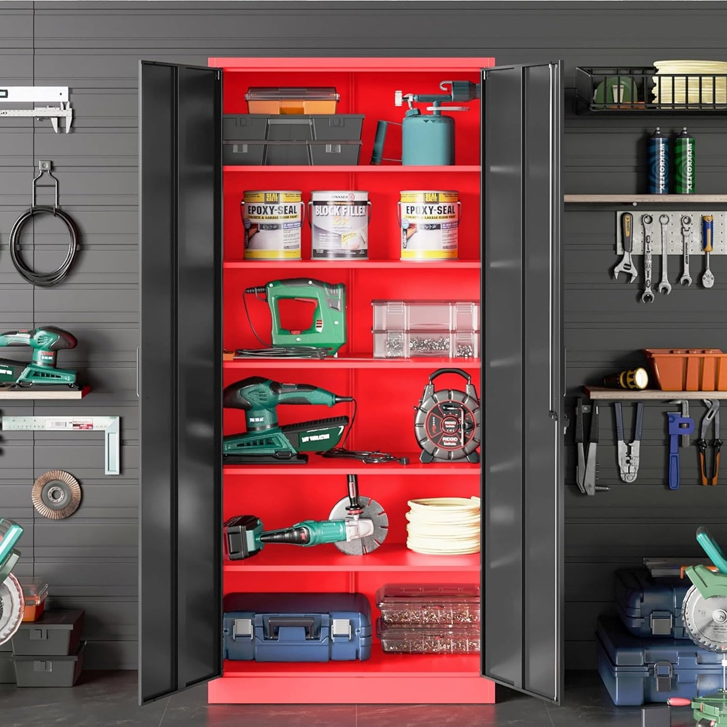 SISESOL Wide & Deep Metal Storage Cabinet with Lock & 5 Adjustable Shelves,72" Red Black Garage Storage Cabinet with Locking Doors,Lockable Cabinets for Home,Office,Shop,Garage,Basement 72x36x18