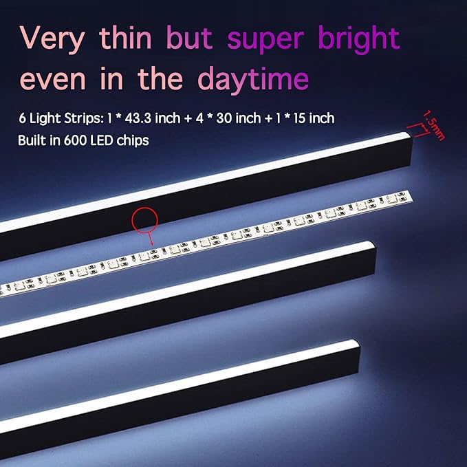 Interior Car LED Lights, RGB Dream Color Acrylic LED Lights for Car, Ambient Lighting Kits with Wireless APP and RF Remote Control, Music Sync Dynamic Chasing (6 in 1)