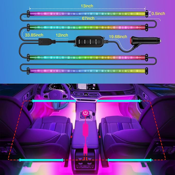 Nilight 4PCS Interior Car Strip Lights Cigarette Lighter Dream Color RGB-IC 12V DC with App Remote Control Multicolor Under Car Dash Lighting 2 Lines Design Music Sync Mode for Cars Truck ATV UTV