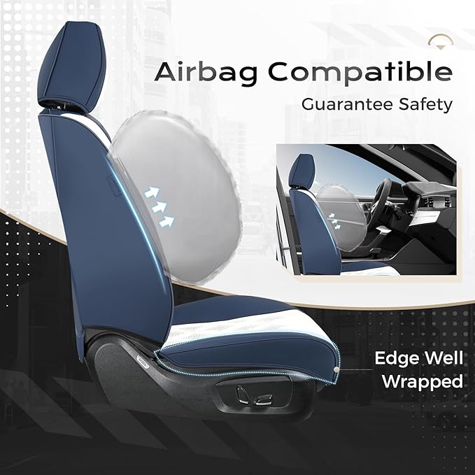 Coverado Car Seat Covers, Front Covers for Cars, Car Seat Cover Front Seats, Automotive Seat Cover, Waterproof, Leather Car Seat Cushion, Universal Interior Seat Protectors for Most Cars Blue-White