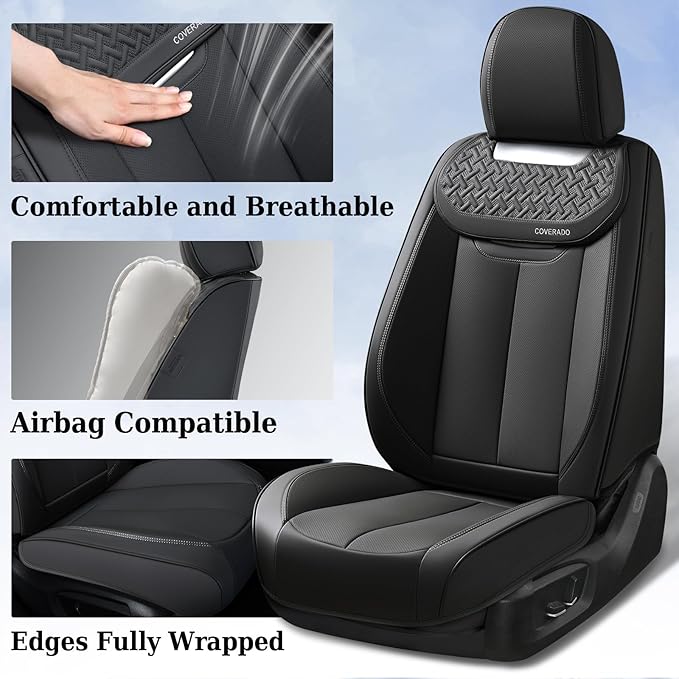 Coverado Car Seat Covers Full Set, Luxury Nappa Leather Seat Cover, Universal Seat Covers for Cars, Front and Back Waterproof Seat Cover Car Seat Protector Fit for Most Cars(Black)