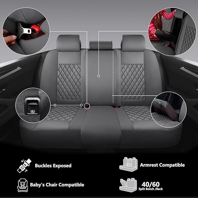 Premium Leather Car Seat Covers Full Set,Universal Fit for Cars,Trucks&SUVs,Waterproof Car Seat Cushion,Full Coverage Car Seat Protector with 5 Seats,Grey