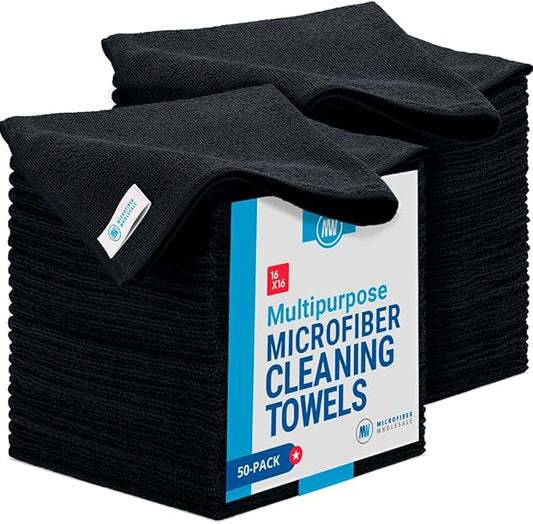 Microfiber Wholesale 16" x 16" All Purpose Towels - 50 Pack - Reusable Wash Cloths, Dust, Kitchen, Car, Shop Rags for Cleaning (Black)