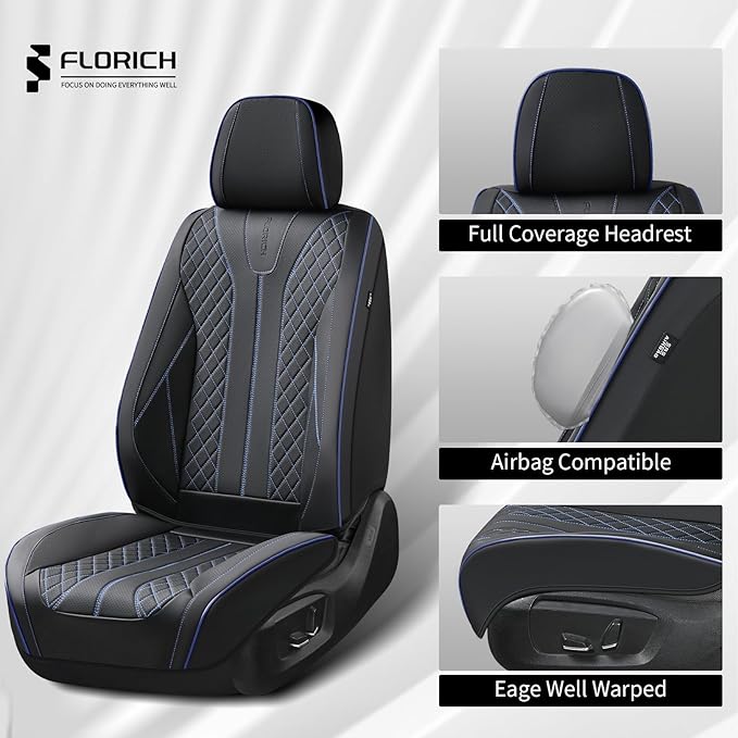 FLORICH Universal Seat Covers for Cars, Front and Back Seat Cover for Car Luxury Faux Leather Waterproof Seat Cover Universal Fit for Most Cars SUV Trucks, Black&Blue Line