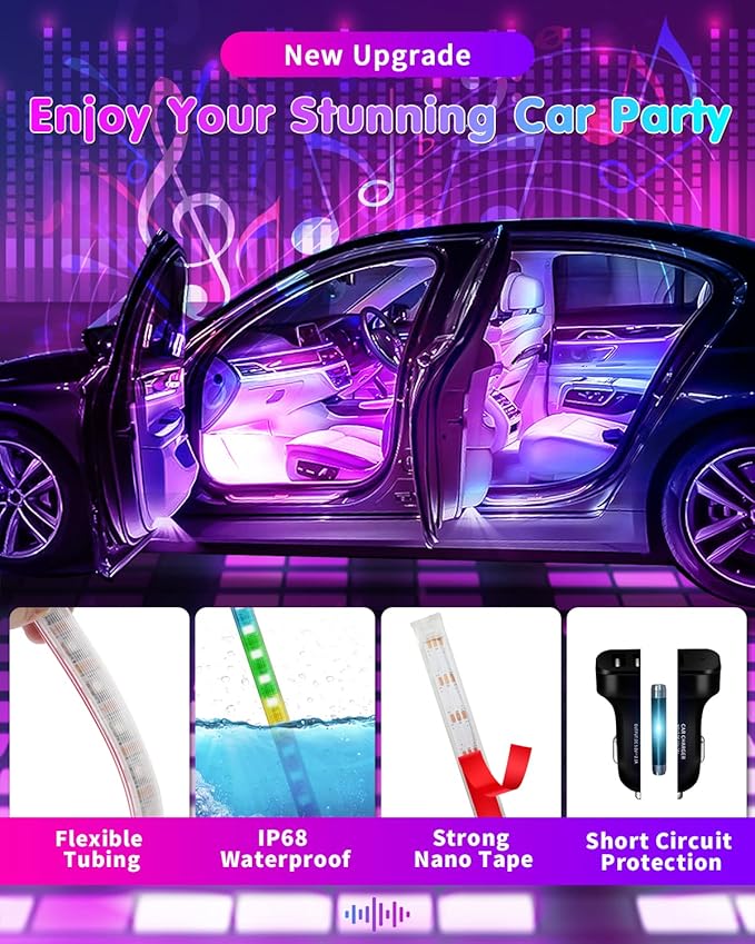 RGB Interior Car Strip Lights with Smart APP Control, Music Sync Under Dash Footwell Neon Internal Lighting Kit Multicolor,12V LED Strip Lights for Cars, Trucks, SUVs with Car Charger(1 Set)