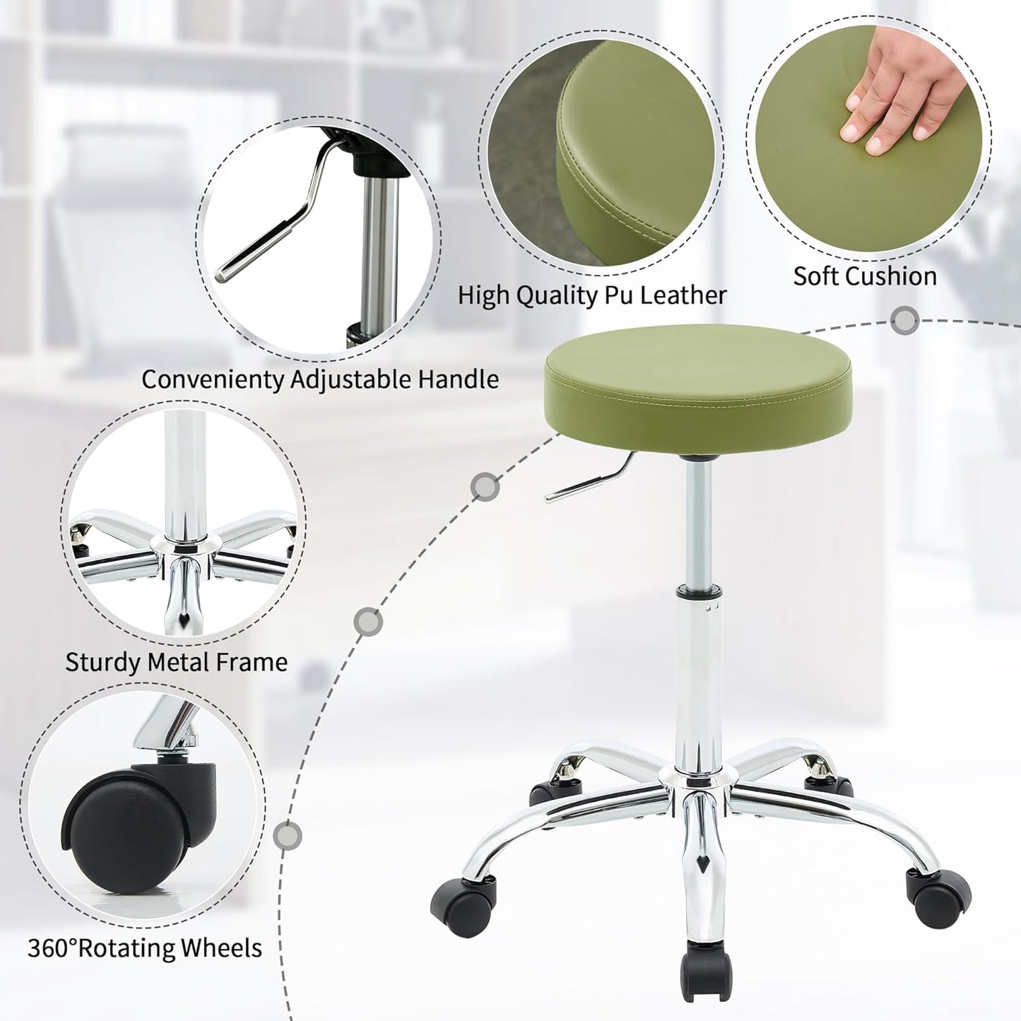 Office Drafting Chair, Adjustable Drafting Stool on Wheels 19.5’’-26.6’’, Green Salon Rolling Chair (Green)