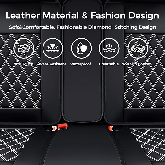 Huidasource Rear Bench Car Seat Covers, Waterproof Leather Back Seat Cushion Cover, Back Seat Cover Armrest Compatible Universal Fit for Most Cars Sedan SUV Pickup Truck (Back Row/Black&White)
