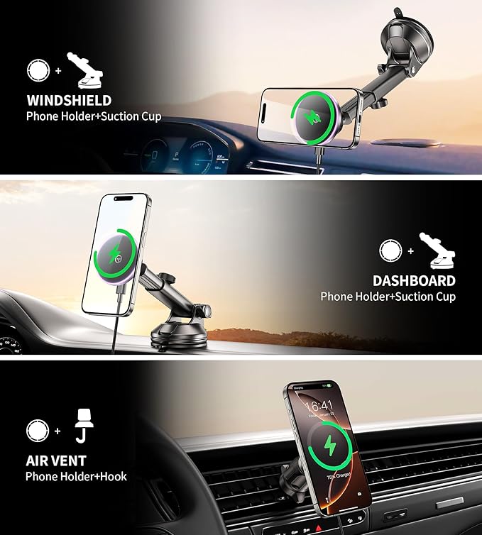 for MagSafe Car Mount Charger Dash Vent Windshield Wireless Car Charger with LED Light, Magnetic Phone Holder for Car for iPhone 17 16 15 14 13 12 Series, Fit MagSafe Accessories (Purple)