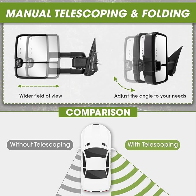 Towing Mirrors for Chevy Silverado/GMC Sierra 1500 (2014-2018), 2500HD/3500HD (2015-2019) Switchback Dynamic Turn Signal/Running Lights Power Heated (Painted Black)