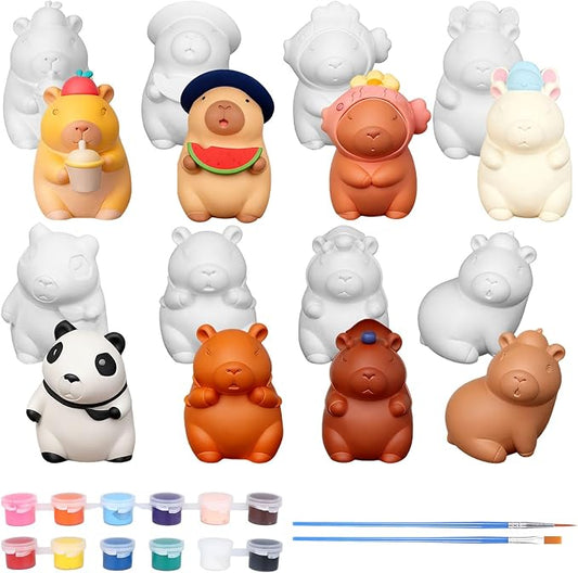 8Pcs Ceramics to Paint Capybara Gifts, Paint Your Own Ceramic Painting Kit - 3.15" Paintable Ceramics Capybara Figures with Brushes & Paints, DIY Unpainted Animal Plaster Christmas Crafts for Adults