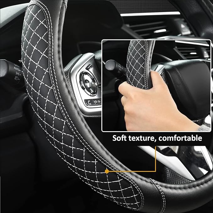 West Llama Customized Auto Car Steering Wheel Cover for Dodge 1989-2011 RAM 1500 2500 3500, Charger, Durango, Challenger(Diamond Quilted-Black+Gray-Standard Size)