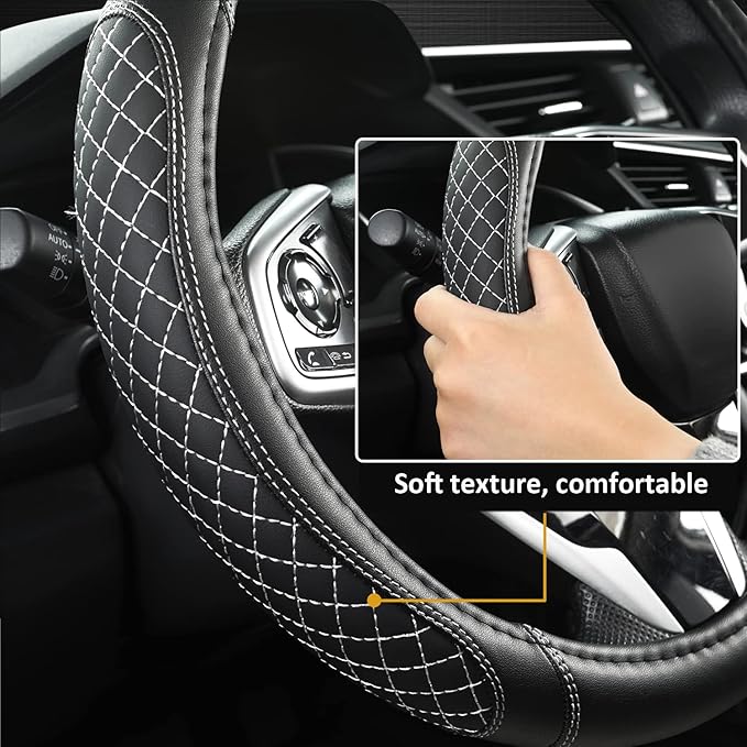 West Llama Car Steering Wheel Cover for Ford Escape,Explorer,Fusion,Focus,Bronco,Transit,Edge(Diamond Quilted - Black+Gray- Standard Size)