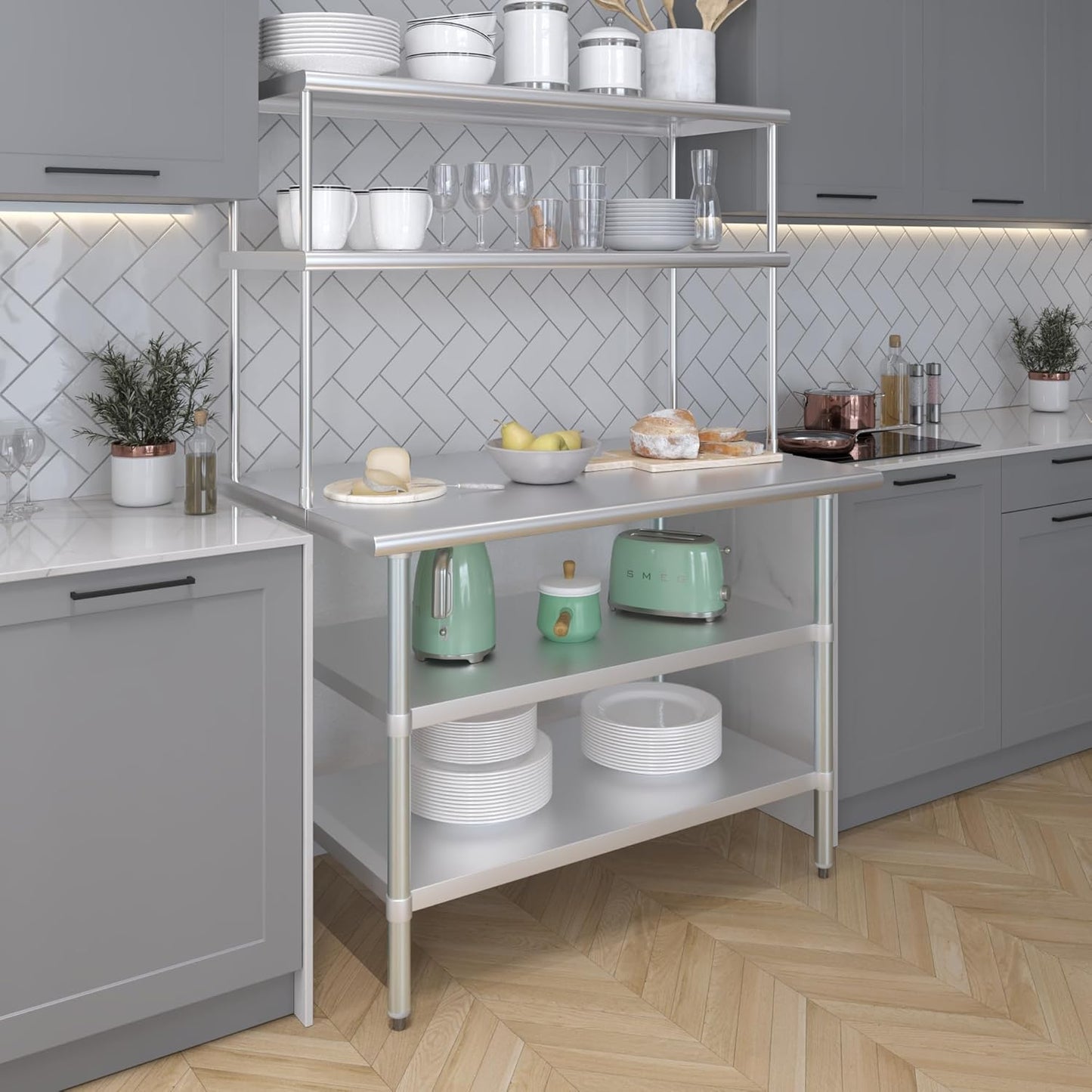 Amgood Stainless Steel Work Table with 2 Shelves | Metal Kitchen Prep Table & Shelving Combo (30" x 48" Table with 2 Shelves + 18" Overshelf)