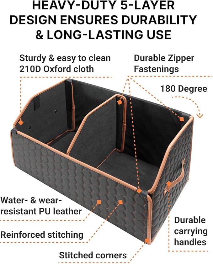 Owleys Rear Cargo Organizer For SUV | Set Of 17.7" & 21.6" Eco-Leather Crates | Foldable Car Storage With Magnetic Lids | Durable Car Trash Bin & Tote | Stylish Gifts For Boyfriend | Black-Brown