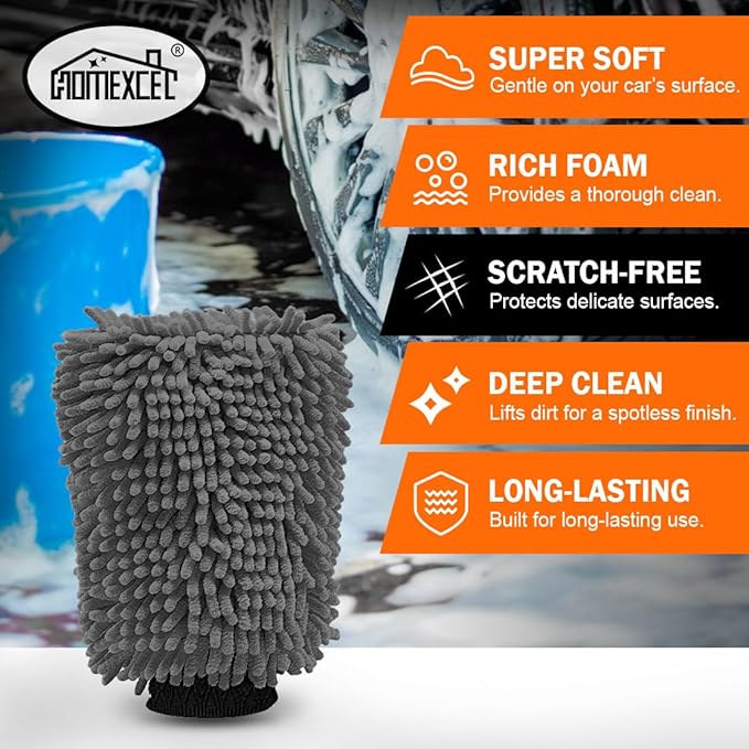 HOMEXCEL Car Wash Mitt, 2PK Chenille Microfiber Wash Mitt, Scratch-Free & Lint-Free, Rich Foam, Highly Absorbent, Double Sided, Perfect for Car Washing and Detailing, 10.2" x 6.7 ", Grey