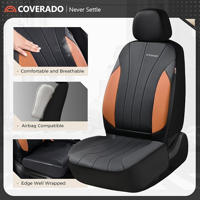 Coverado Car Seat Covers Full Set, Automotive Front and Rear Seat Covers, Leather Car Seat Covers Full Set 5 Seats, Airbag-Compatible, Brown Seat Covers for SUV Sedan Truck