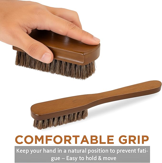 TAKAVU Leather & Upholstery Cleaning Brush Set, 100% Horse Hair Bristle, to Clean Car Seats & Leather Sofas, for Alcantara, Interiors, Furniture, Boots, Shoes, Bags and More