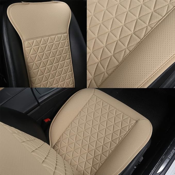 Black Panther 1 Pair Luxury PU Car Seat Covers Protectors for Front Seats, with Partial Backrest Coverage (Middle Part Only), Triangle Pattern, Compatible with 95% Cars - Beige