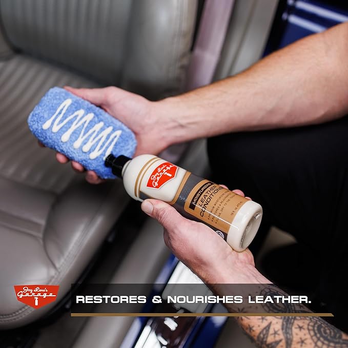 Jay Leno's Garage Car Leather Conditioner and Auto Leather Care - Professional Leather Conditioner for Car Seats, Nourishes Protects & Restores, Lanolin & Beeswax Formula, Non-Greasy Finish (16 oz)