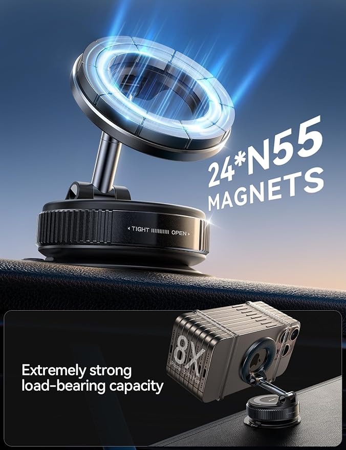 JOYROOM Magsafe Car Mount, Vacuum Car Phone Mount with Strong Magnet, 360° Metal Strut Suction Cup Phone Mount for iPhone 17 Pro Max/16 15 14 13 12 Series& Android Magsafe Case, Black