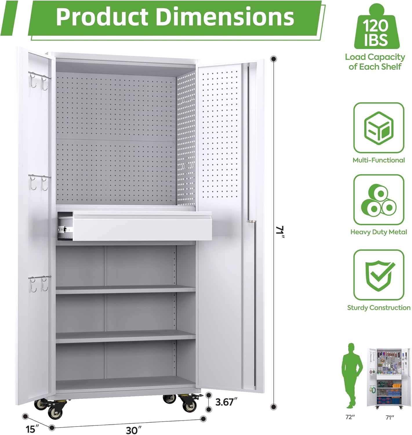 71" Metal Garage Storage Cabinet with 16 Hooks and Pegboards,1 Drawer Inside Rolling Tool Storage Cabinet with Adjustable Shelves,3 Metal Hanging Rod for Garage,Warehouse(Grey/White)