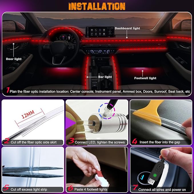 Car LED Lights, Interior Car Lights with Wireless APP/RF Remote/Button Control, Car Ambient Lighting Kit with 236" Integrated Molding Fiber Optic RGB Sync to Music (9 in 1-USB)