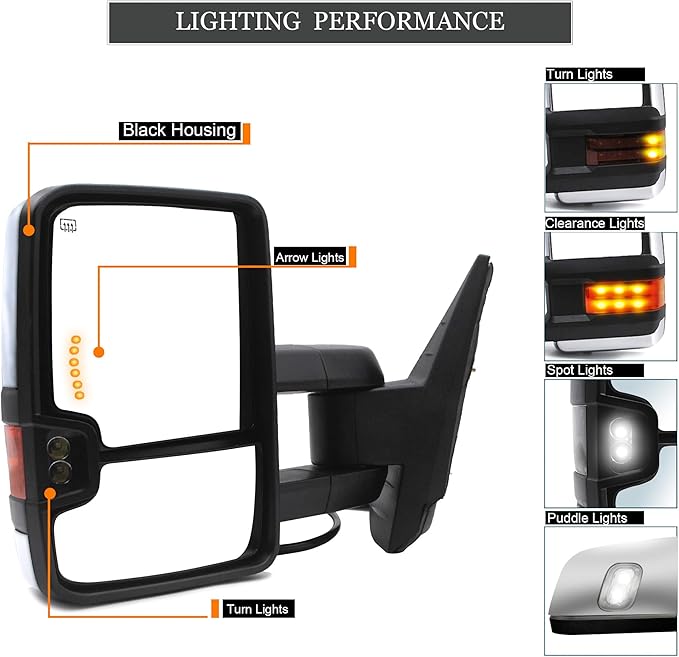 ReYee Towing Mirrors fit for 2007-2014 Chevy Silverado 1500 2500 3500 Tahoe Suburban GMC Yukon Sierra with Heated Power Arrow Signal On Glass Turn Signal Light Manual Telescoping Folding Chrome Cap