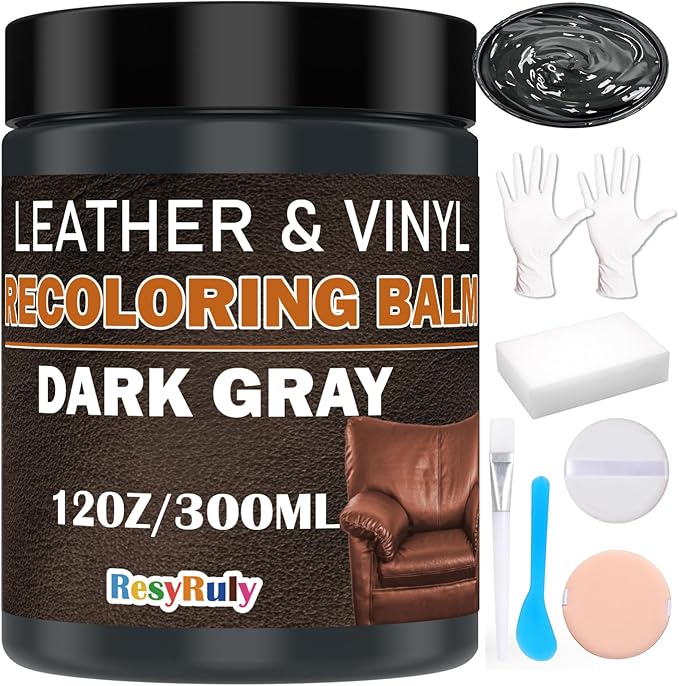 Dark Gray Recoloring Balm Leather Vinyl Auto Dash Board Car Interior Seats Paint Furniture Dye Color Restorer Refinish Shoes Sofa Gloves Jacket Purse Bag Couch Stain Fade Scratches Peeling Repair Kit