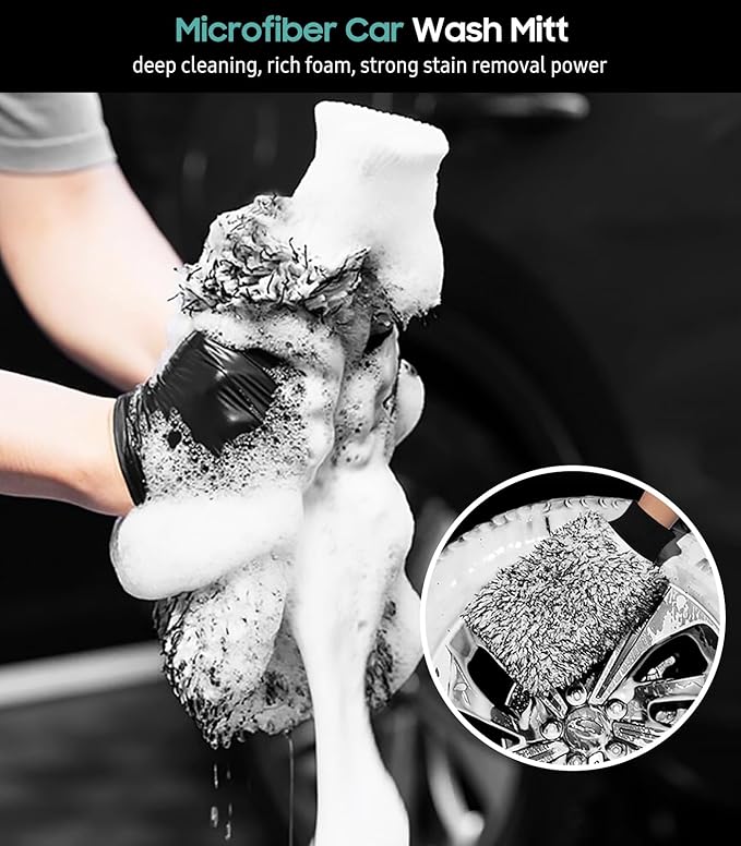 YeewayVeh Car Cleaning Brush Wheel Brush Kit, Soft Microfiber Flat Wheel Rim Cleaner Brush with 2 Removable Covers, Wheel Cleaning Brush and Car Wash Mitt for All Vehicles Truck SUV Cleaning