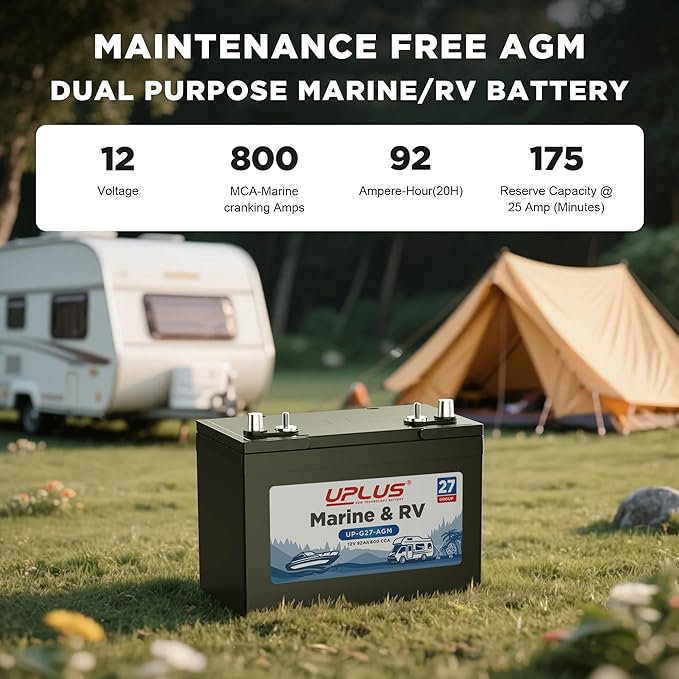 UPLUS BCI Group 27M Dual Purpose Marine Battery, 12V 92Ah 800CCA AGM Starting and Deep Cycle Boat & RV Batteries for Navigation Devices, Lights and Engines