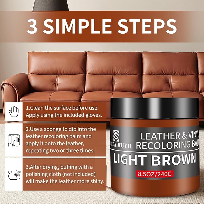 Leather Recoloring Balm,8.5oz Leather Color Restorer,Light Brown Leather Repair kit for Furniture and Car Interior,Leather Couch Scratch Repair,Leather Dye Paint for Faded,Cracked and Damaged Leather