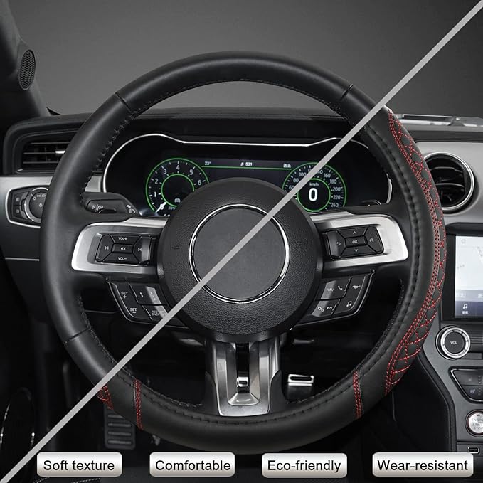 West Llama Car Steering Wheel Cover for Ford Escape,Explorer,Fusion,Focus,Bronco,Transit,Edge(Diamond Quilted - Black+Red- Standard Size)