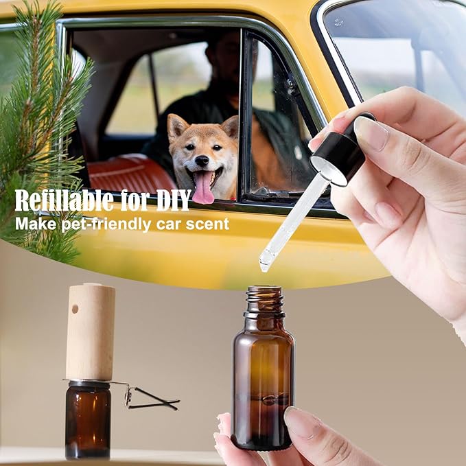 2-set Refillable Lemon Car Scent 60 Days’ Odor Fighting Non-toxic Strong Natural Fragrance, Vent Clip Wood Diffuser & Pure Essential Oils Auto Air Freshener (2x Beech Diffuser + 2x10ml Oil)